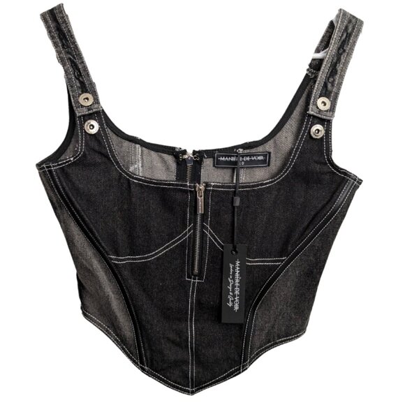 Maniere De Voir Two-Tone Denim Corset Top, Black & Gray, Size 10, NWT - Picture 1 of 16